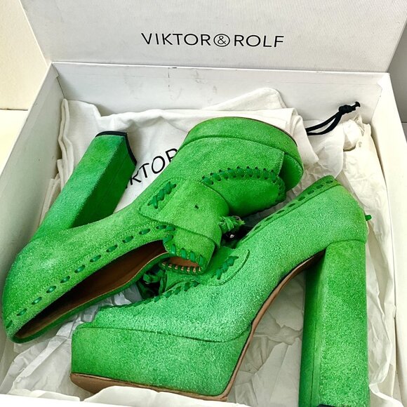 Viktor & Rolf Green Suede Platform Tassel Heels Size EU 39.5- Italy - Picture 10 of 12